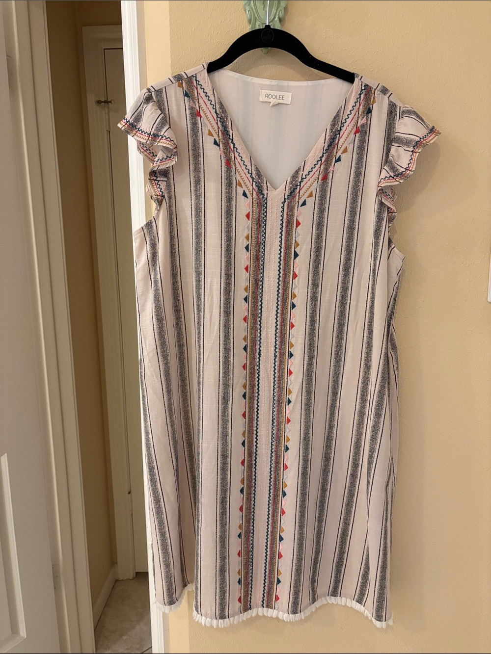 Roolee White Striped V-Neck Mini Dress with Multicolor Trim